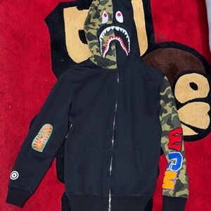 Bape Black Hoodie with Camo Shark Hood and Multicolor Sleeve